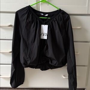 NWT. Zara Black Long-Sleeve Gathered Hem Blouse